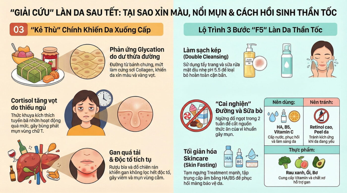 Vì sao da xỉn màu, nổi mụn nhiều hơn sau Tết?