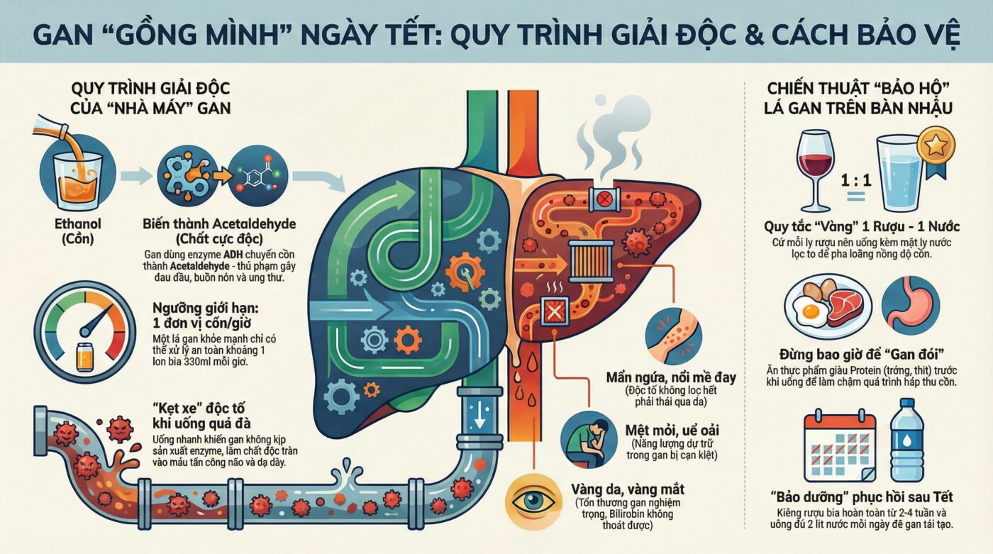 Uống rượu bia ngày Tết: Gan phải làm việc vất vả thế nào?