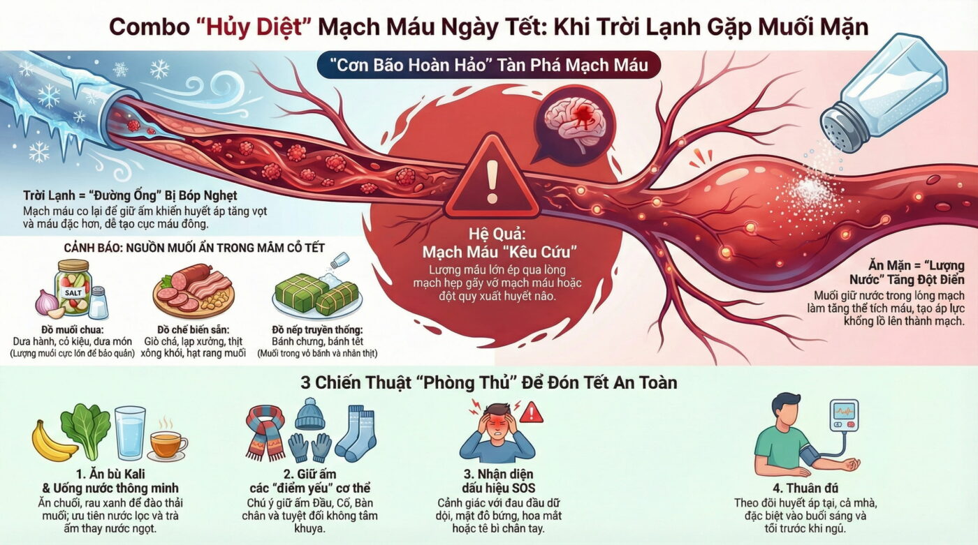 Vì sao thời tiết lạnh + ăn mặn ngày Tết làm mạch máu “quá tải”?