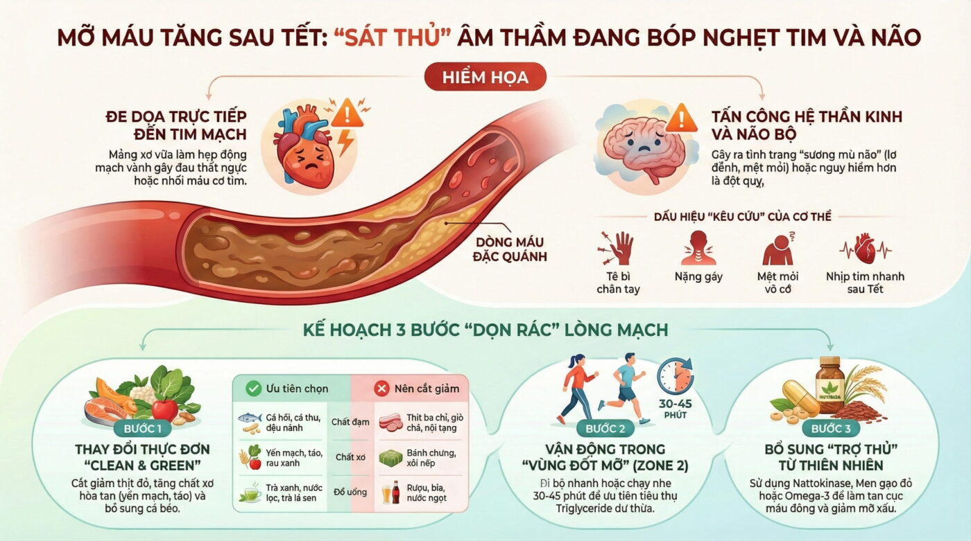 Mỡ máu tăng sau Tết ảnh hưởng thế nào đến tim và não?