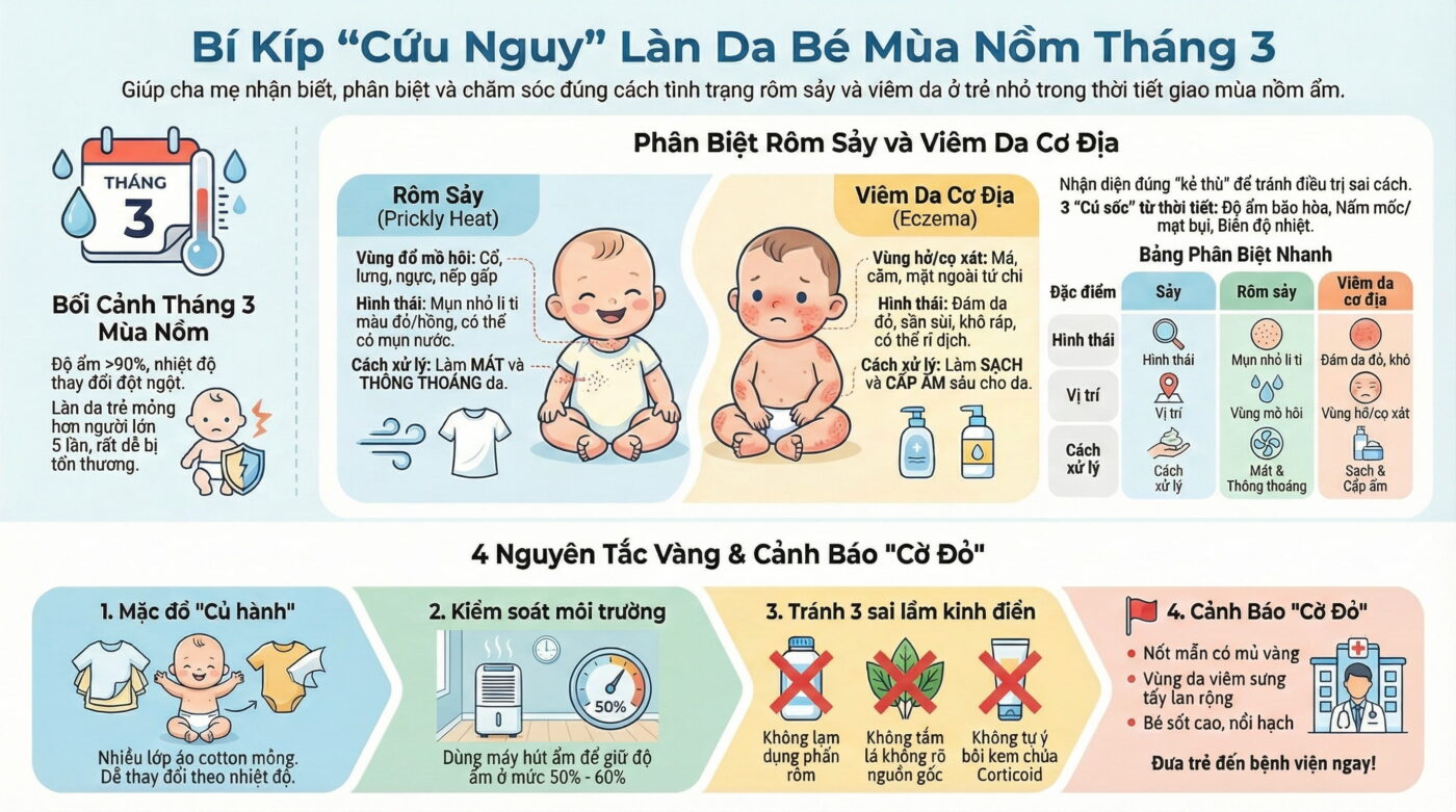 Trẻ nhỏ dễ bị rôm sảy và viêm da trong tháng 3