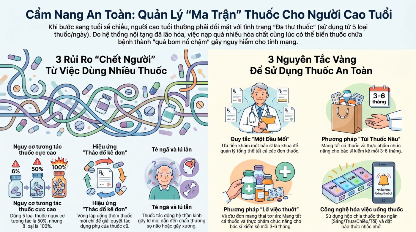 Người cao tuổi cần lưu ý gì khi sử dụng nhiều loại thuốc mỗi ngày?