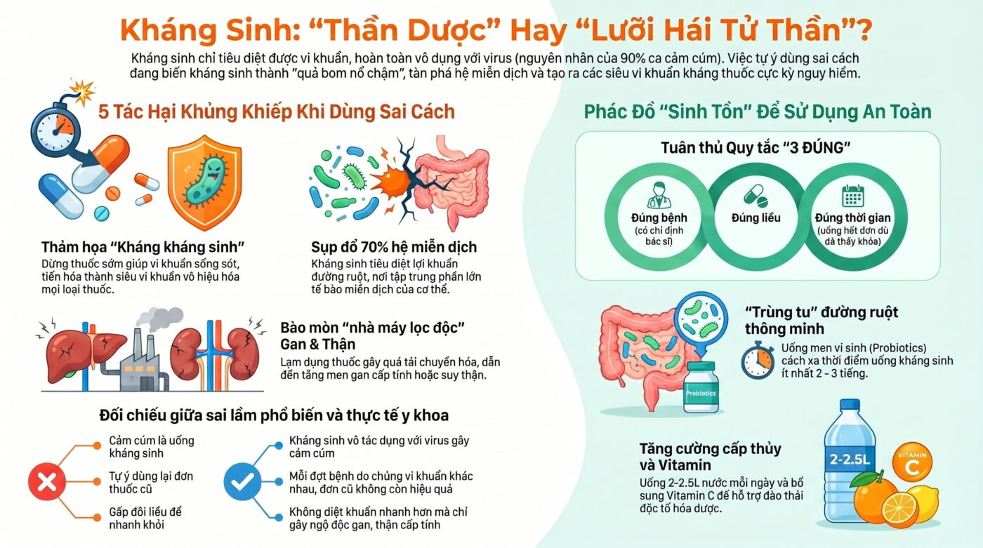 Uống kháng sinh sai cách có thể gây hại gì cho cơ thể?