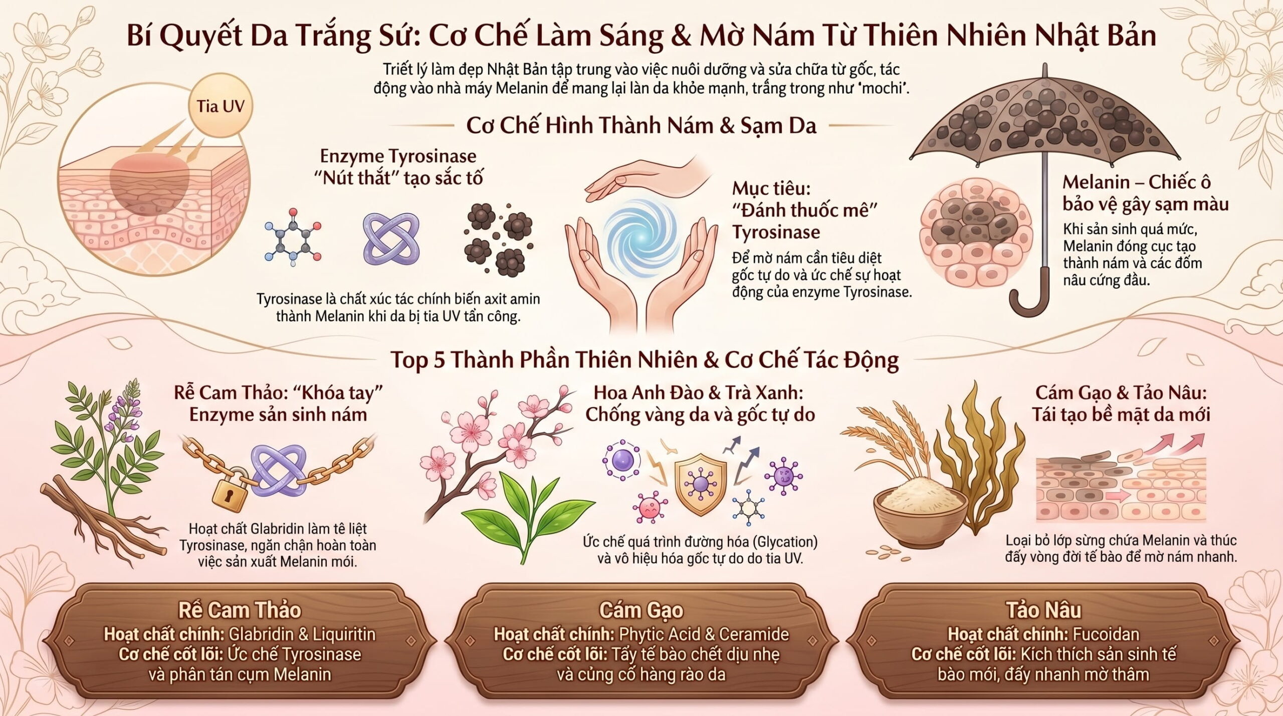 Review cơ chế làm sáng da, mờ nám của các thành phần thiên nhiên chuẩn Nhật