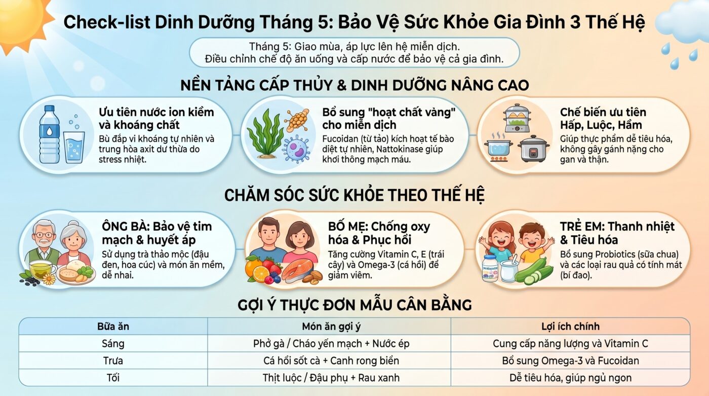 Check-list dinh dưỡng tháng 5: Cẩm nang bảo vệ sức khỏe cho gia đình 3 thế hệ