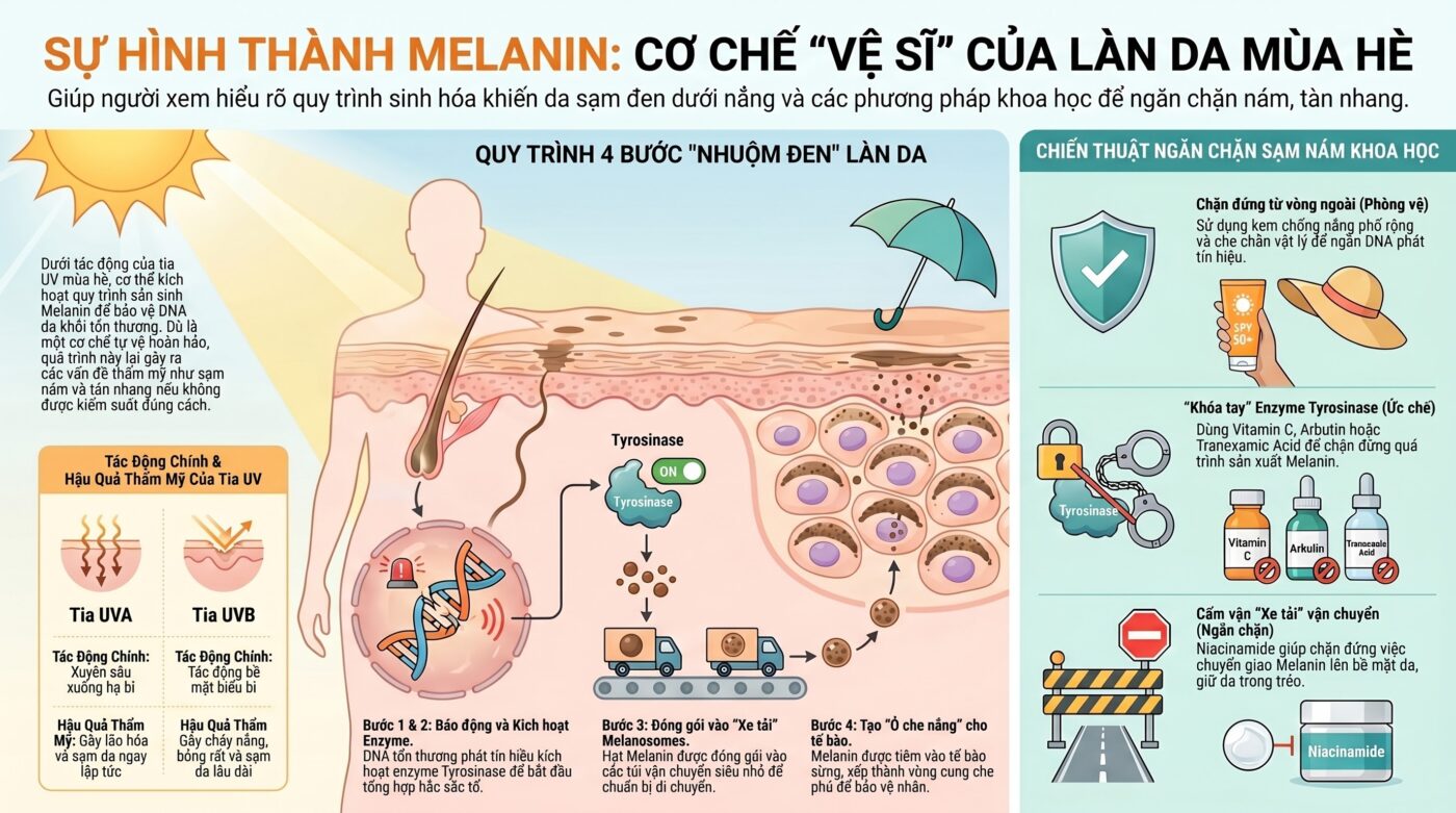 Sự hình thành hắc sắc tố Melanin dưới tác động của bức xạ mặt trời mùa hè