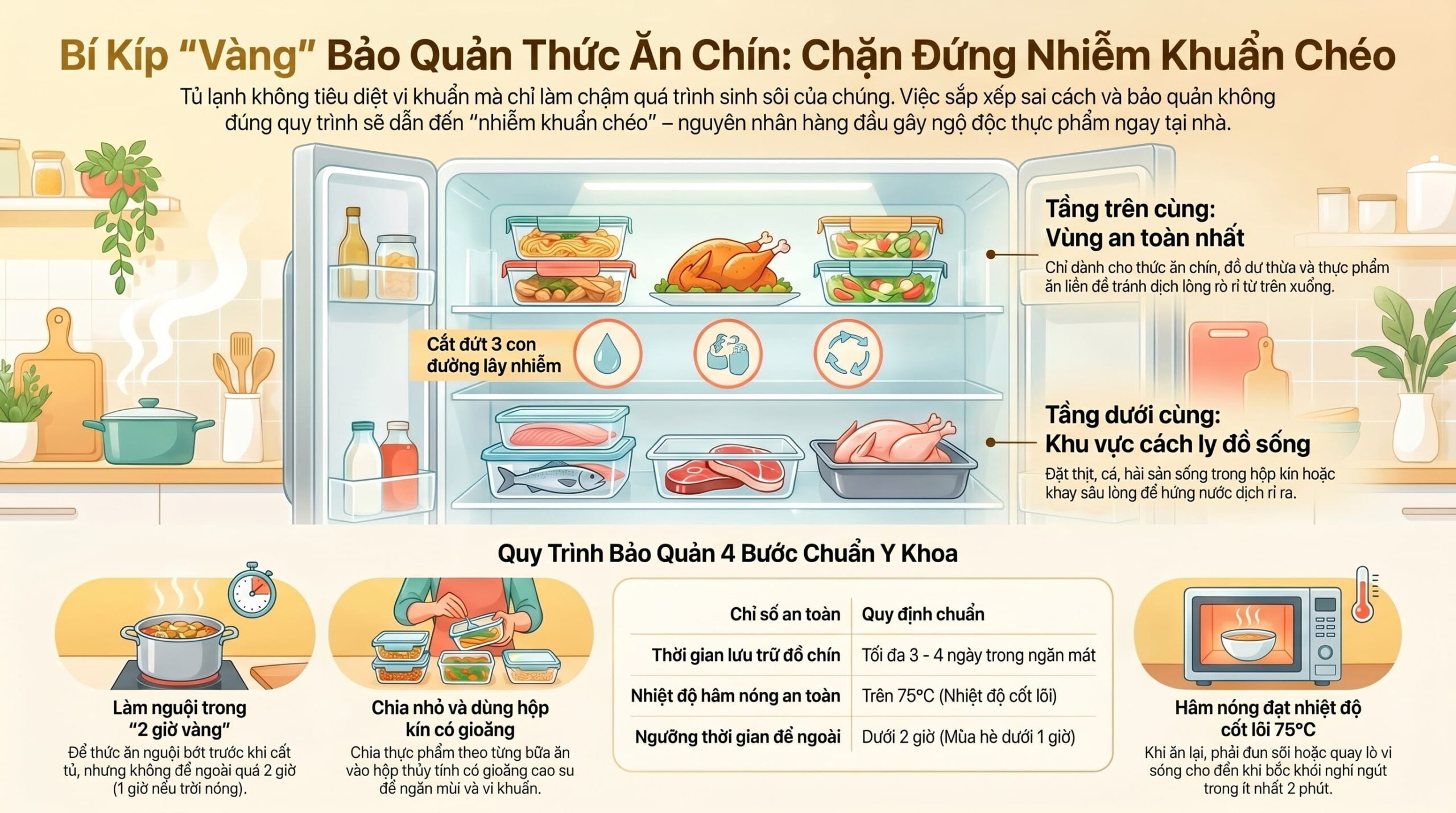 Cách bảo quản thức ăn chín trong tủ lạnh tránh nhiễm khuẩn chéo hiệu quả