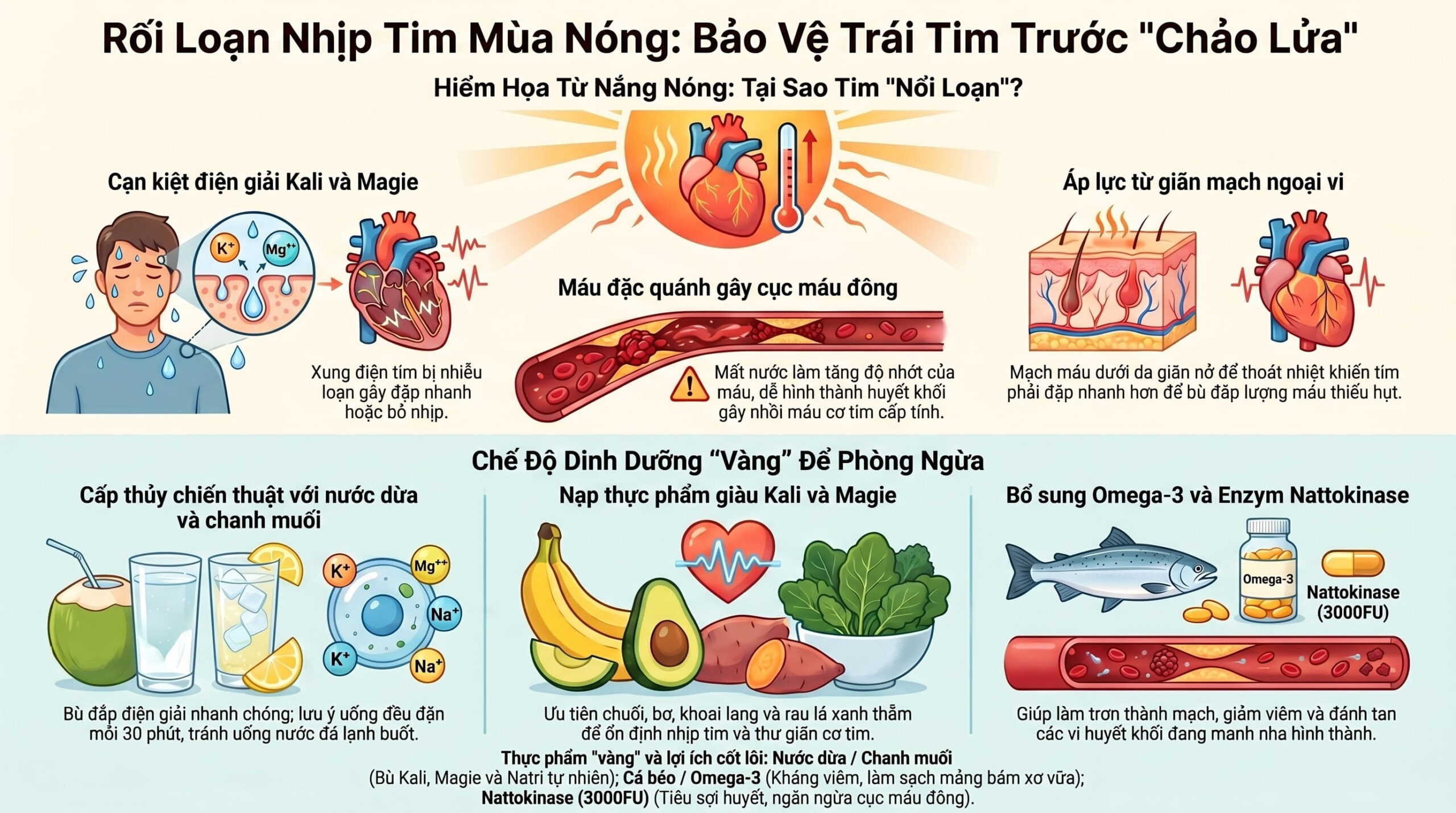 Rối loạn nhịp tim mùa nóng: Chế độ dinh dưỡng phòng ngừa nhồi máu cơ tim