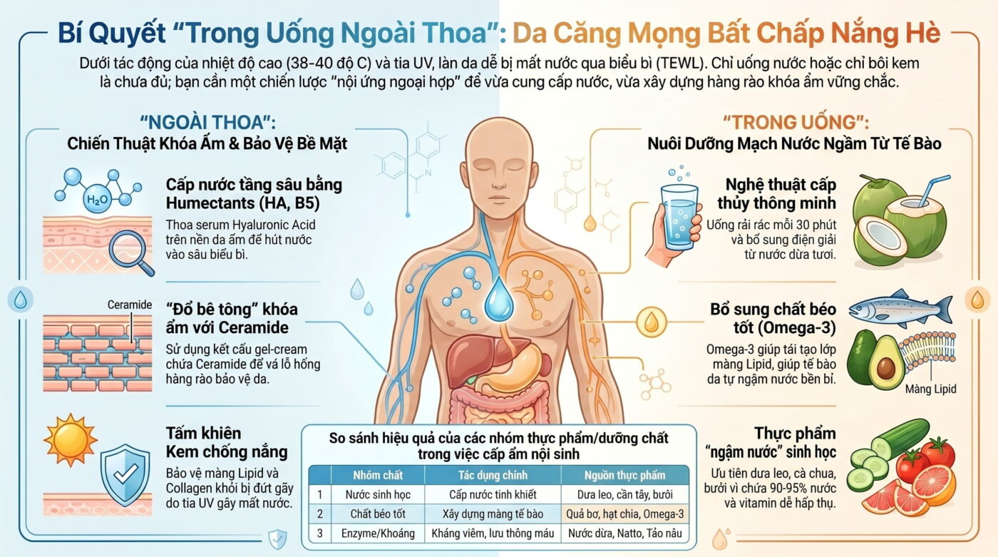 Nguyên tắc "Trong uống ngoài thoa" để duy trì độ ẩm sâu cho da ngày nắng