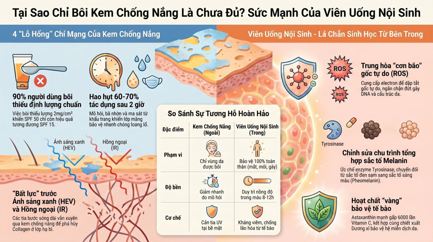 Bôi kem chống nắng là chưa đủ: Vì sao cần kết hợp viên uống chống nắng nội sinh?