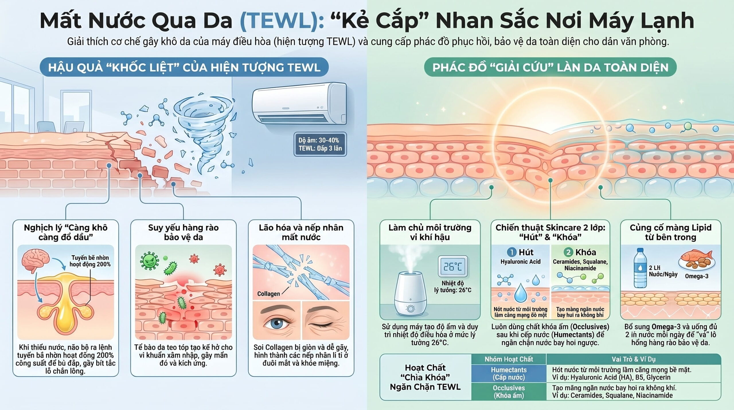 Hiện tượng mất nước qua da (TEWL) khi ngồi điều hòa lâu: Hậu quả và giải pháp