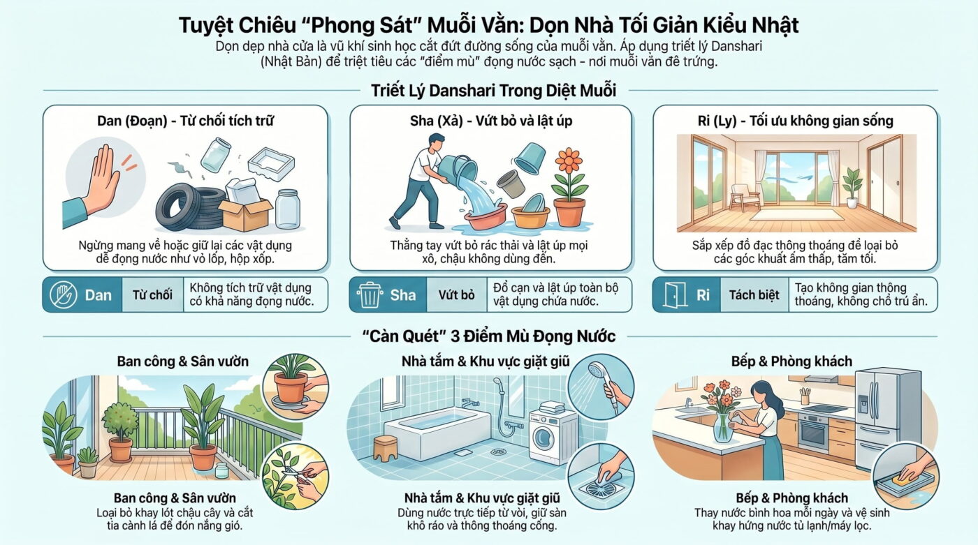 Hướng dẫn dọn dẹp nhà cửa tối giản kiểu Nhật để triệt tiêu loăng quăng, bọ gậy