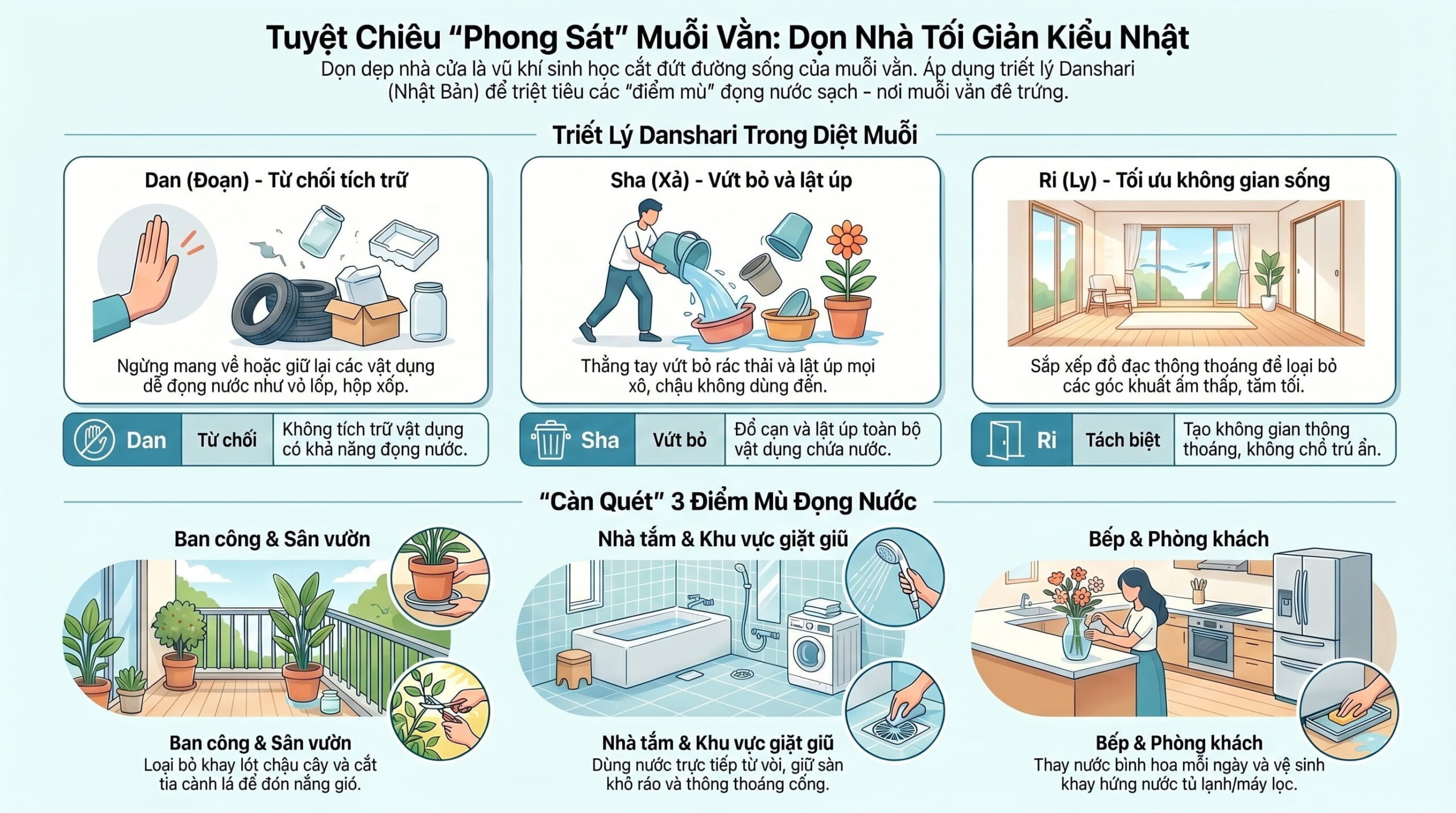 Hướng dẫn dọn dẹp nhà cửa tối giản kiểu Nhật để triệt tiêu loăng quăng, bọ gậy