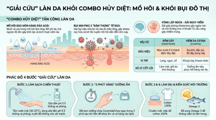 Viêm da cơ địa và rôm sảy bùng phát do mồ hôi kết hợp khói bụi đô thị