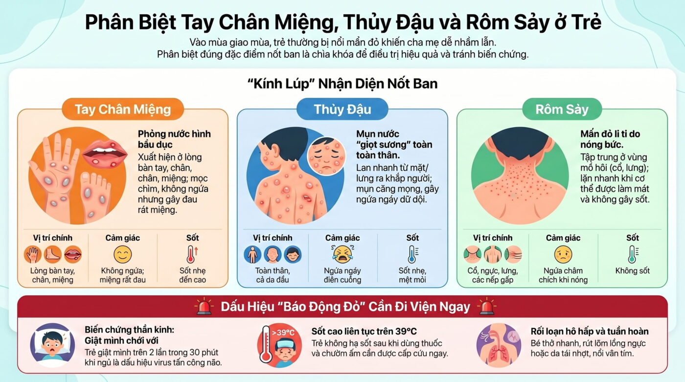 Phân biệt chính xác nốt ban Tay chân miệng, Thủy đậu và Rôm sảy ở trẻ