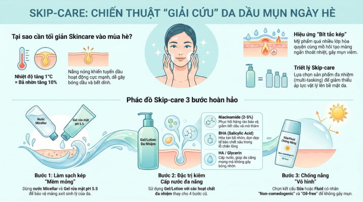 Các bước Skincare tối giản (Skip-care) cho làn da dầu mụn trong ngày hè oi ả