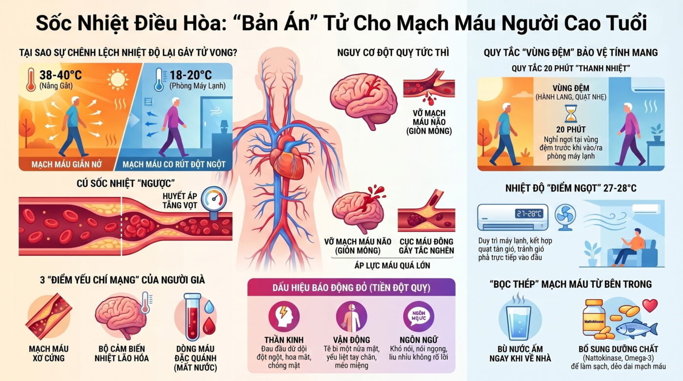 Đi ngoài nắng gắt về lập tức vào phòng điều hòa: "Bản án" cho mạch máu người cao tuổi