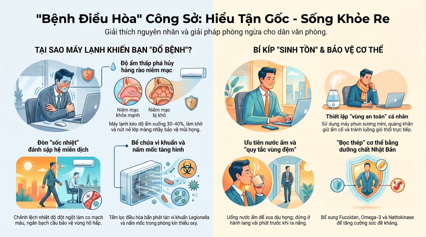 "Bệnh điều hòa" ở dân văn phòng: Nguyên nhân sâu xa gây viêm họng, khô mũi