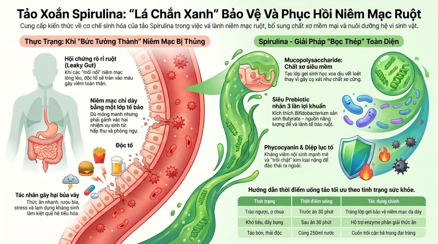 Tảo xoắn Spirulina: Giải pháp bổ sung chất xơ và lợi khuẩn bảo vệ niêm mạc ruột
