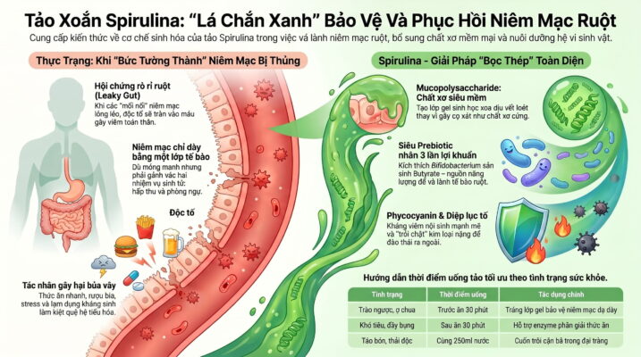 Tảo xoắn Spirulina: Giải pháp bổ sung chất xơ và lợi khuẩn bảo vệ niêm mạc ruột