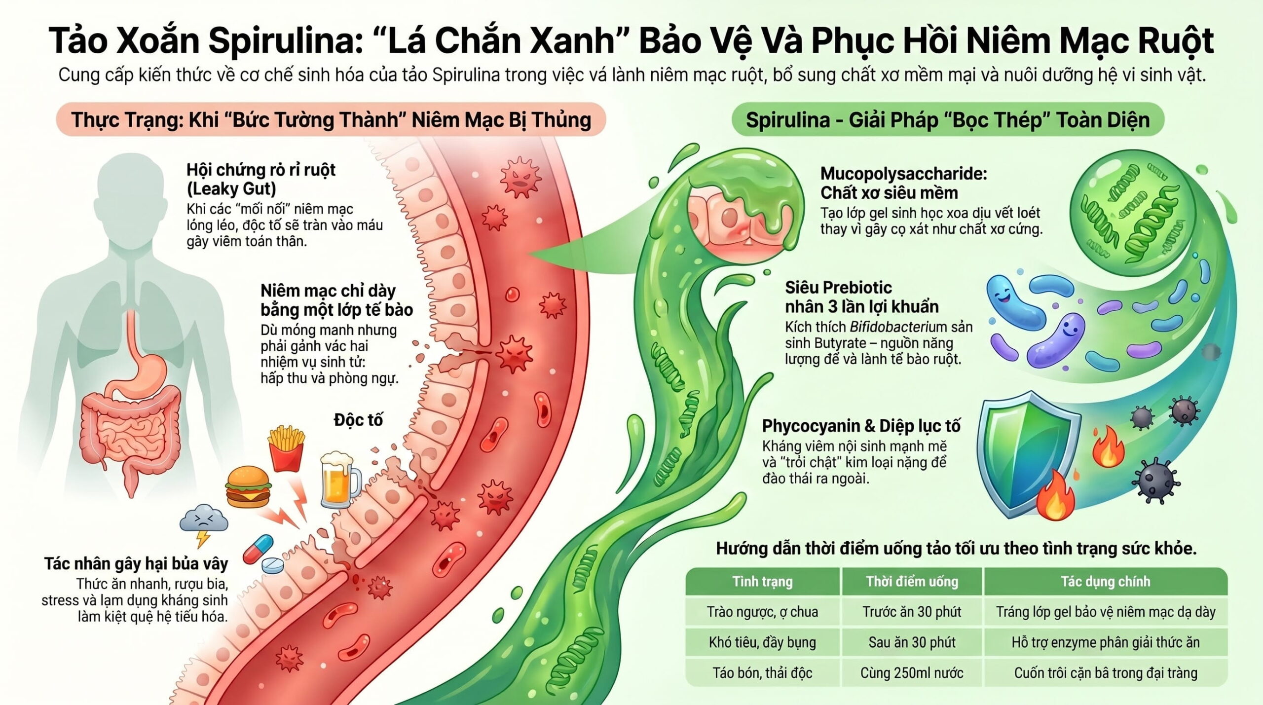 Tảo xoắn Spirulina: Giải pháp bổ sung chất xơ và lợi khuẩn bảo vệ niêm mạc ruột
