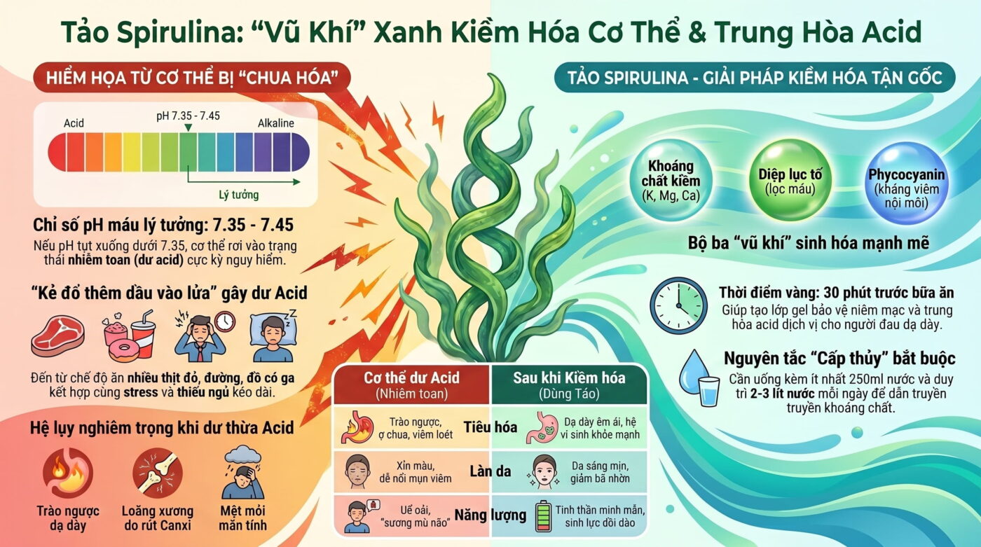 Tảo Spirulina Và Công Dụng Kiềm Hóa Cơ Thể: "Vũ Khí" Xanh Trung Hòa Acid Dư Thừa Tận Gốc