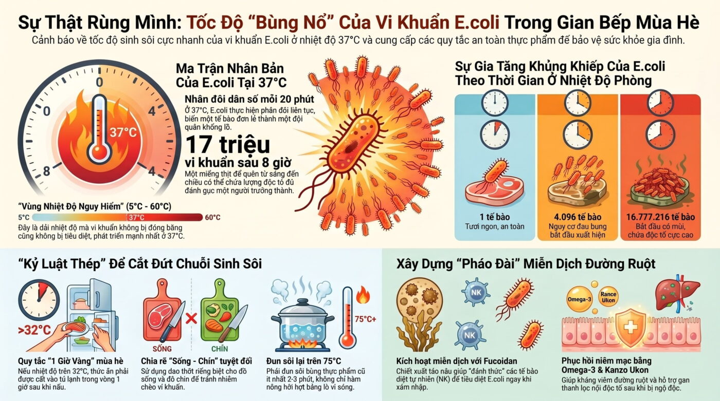 Ngộ độc thực phẩm mùa hè: Vi khuẩn E.coli sinh sôi với tốc độ nào ở 37 độ C?