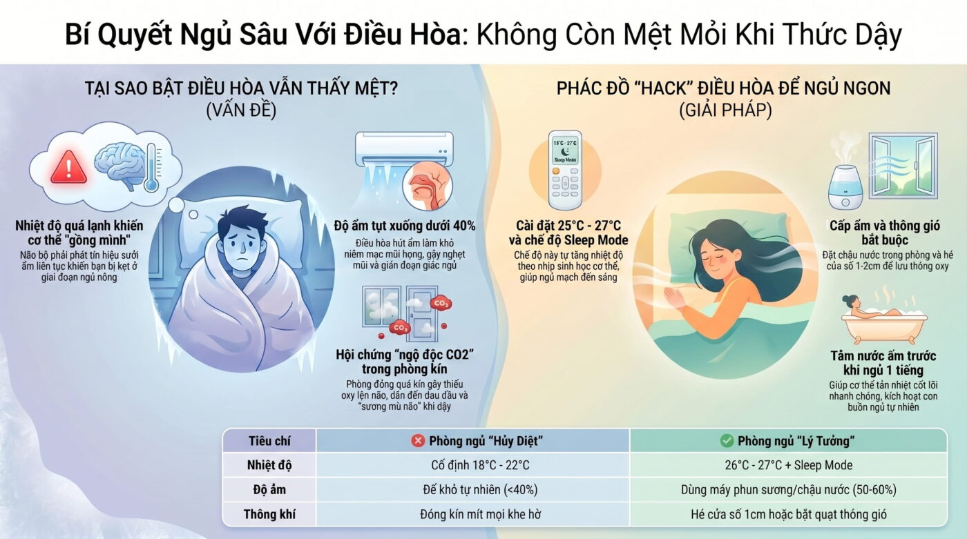 Bật điều hòa cả đêm nhưng vẫn ngủ không sâu giấc: Nguyên nhân và cách khắc phục