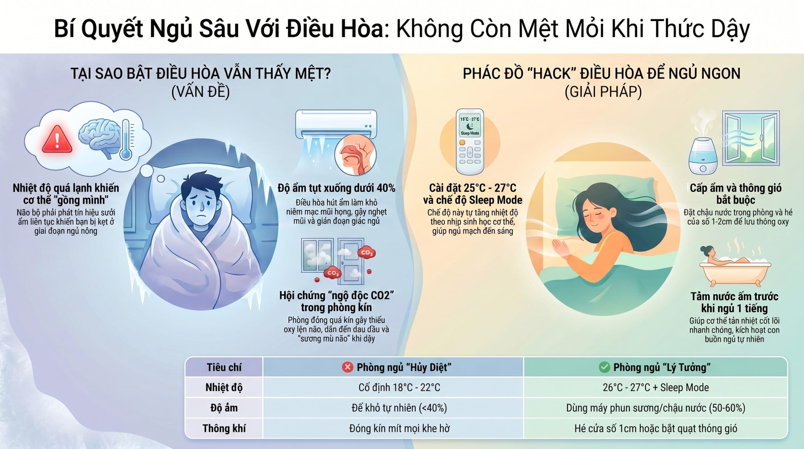 Bật điều hòa cả đêm nhưng vẫn ngủ không sâu giấc: Nguyên nhân và cách khắc phục