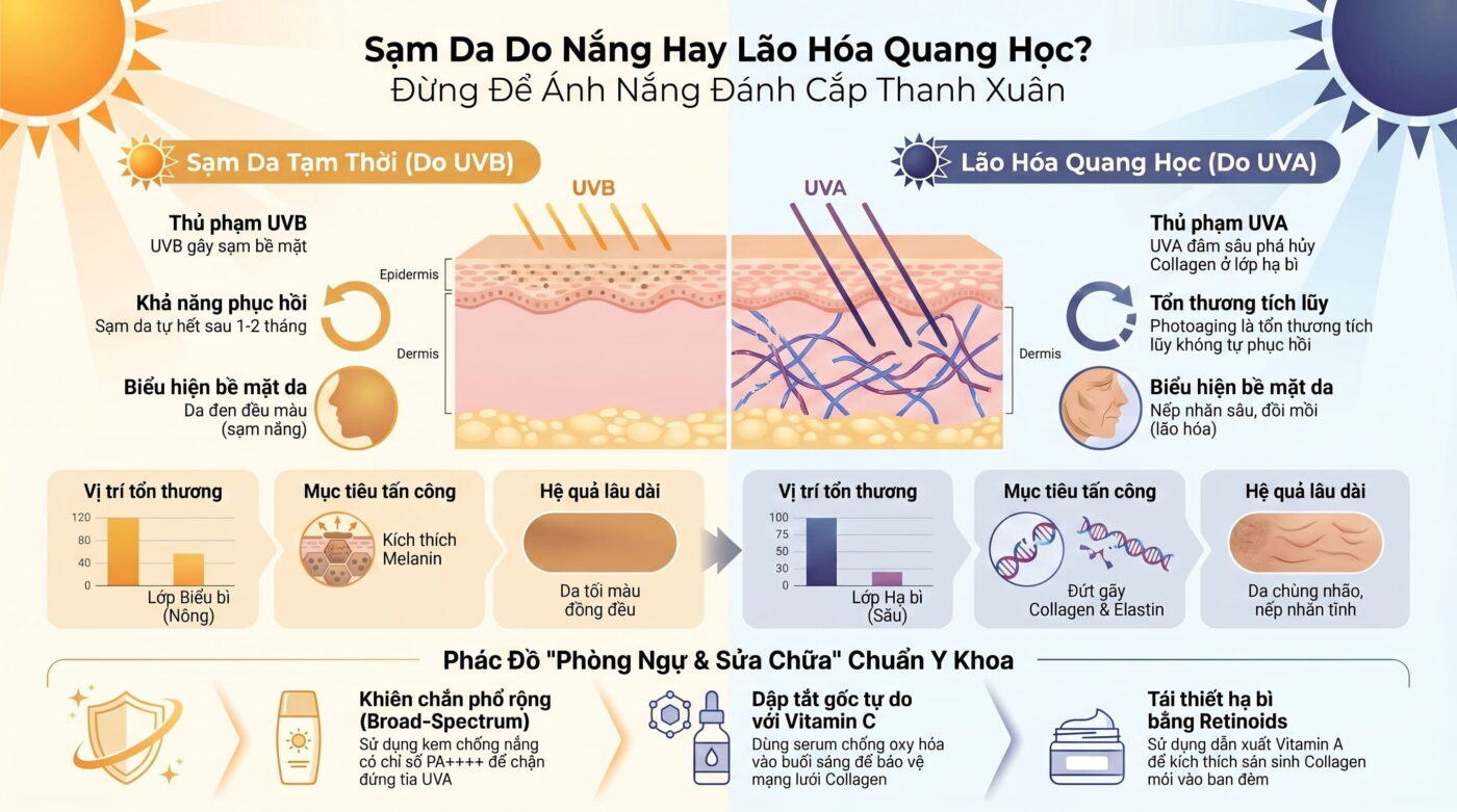 Phân Biệt Da Sạm Đen Do Nắng Và Tình Trạng "Lão Hóa Quang Học" (Photoaging)