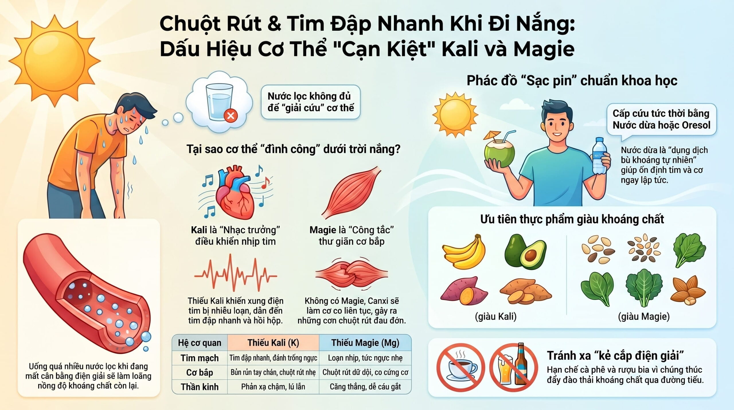 Chuột rút, tim đập nhanh khi đi nắng: Dấu hiệu cơ thể đang cạn kiệt Kali và Magie