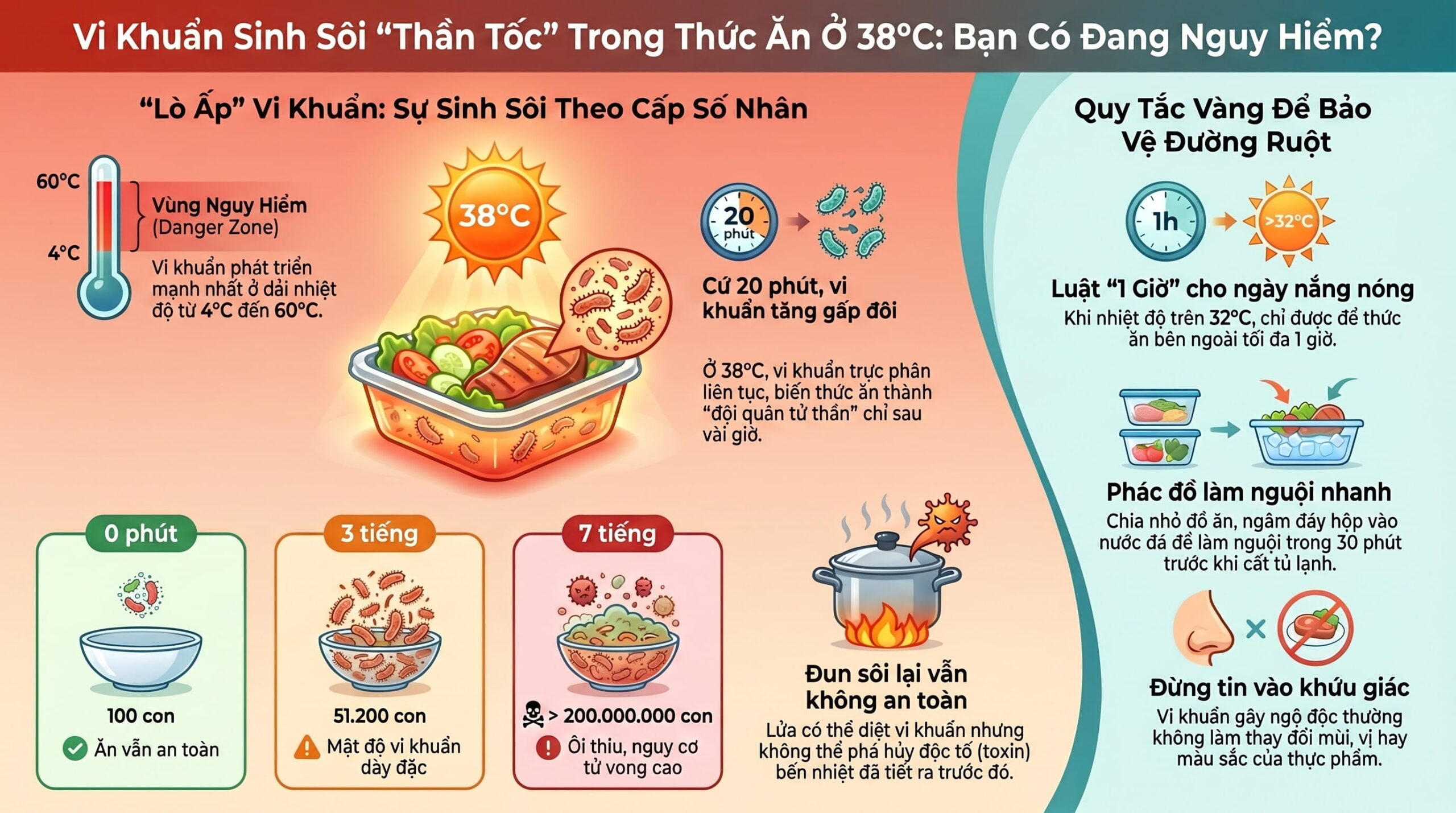 Vi khuẩn sinh sôi nhanh cỡ nào trong thức ăn để ở nhiệt độ 38 độ C?